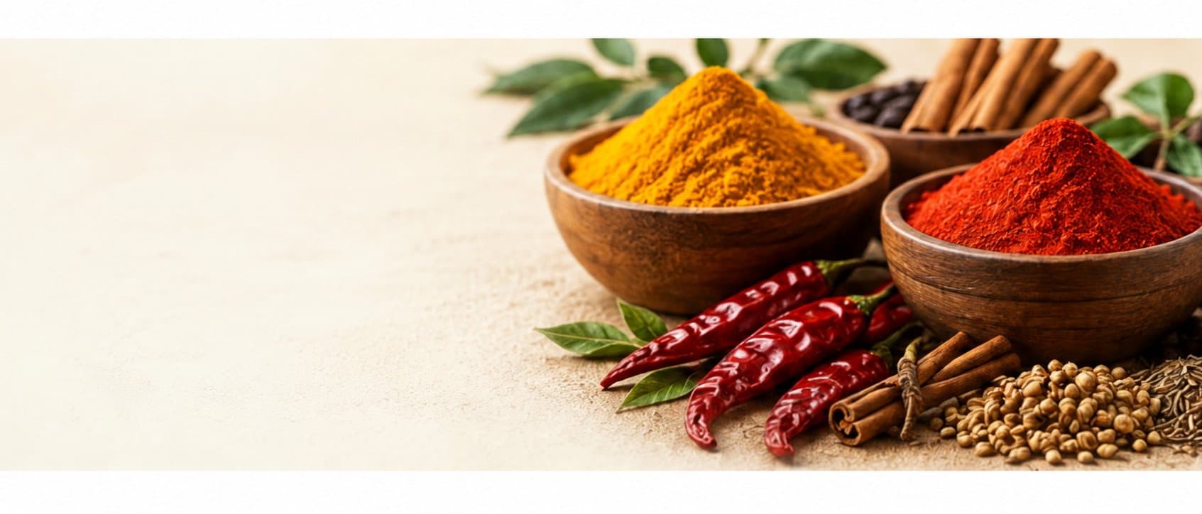 Wooden bowls of turmeric and chilli powder with cinnamon, star anise and dried chillies
