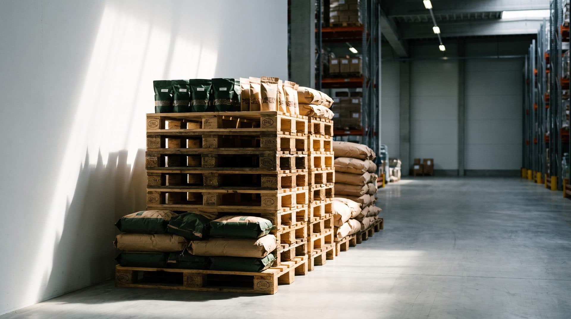 Pallets of sealed pouches ready for dispatch in a clean warehouse